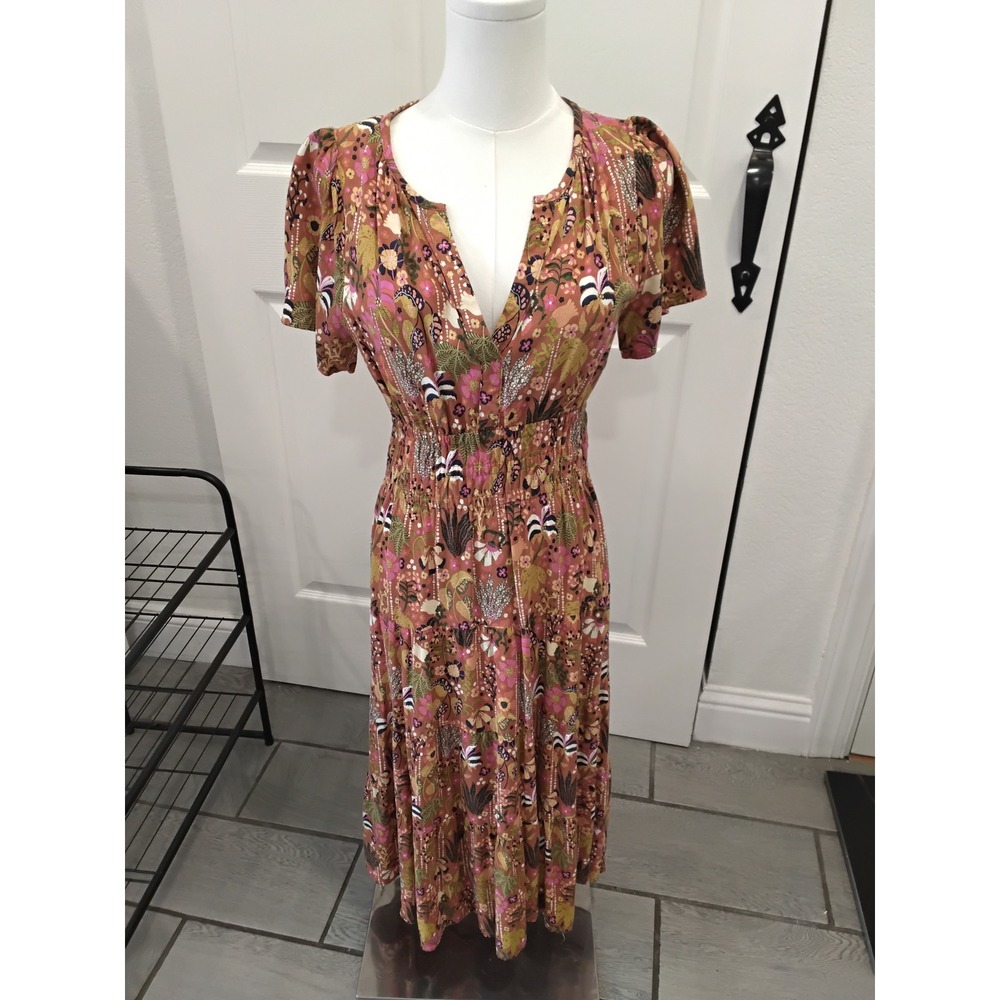 Target Latino Heritage Month Floral Smocked Waist Midi Dress XS Brown Pink Rayon